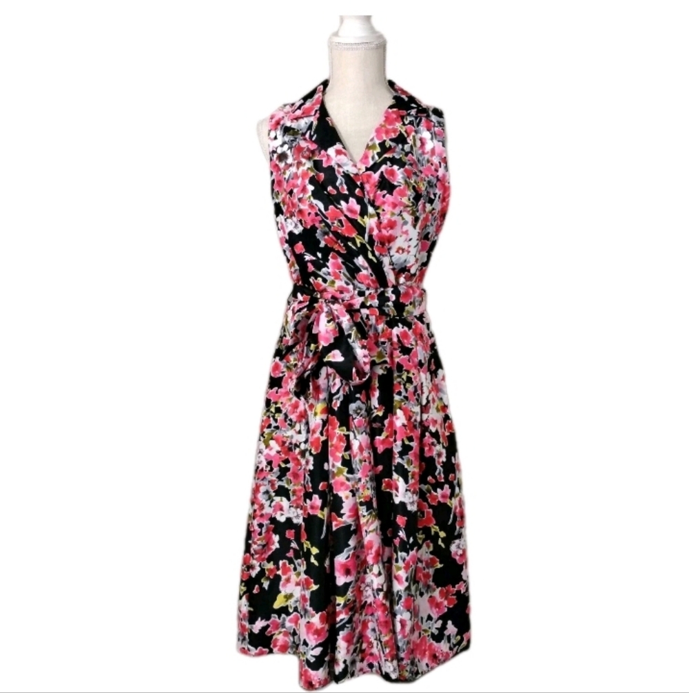 Jessica Howard Floral Midi Sleeveless A-Line Belted Dress Women's Size 10